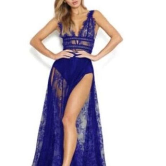 Sheer Lace Gown Wrap Electric Blue Deep V Festival Lingerie Goth S/M - Picture 1 of 13